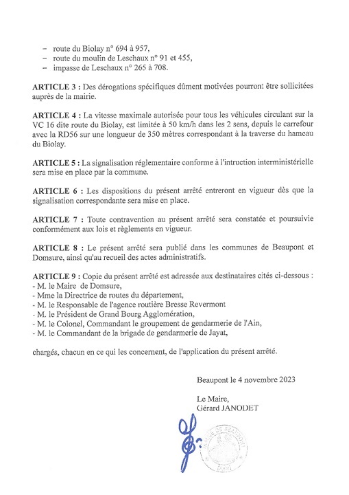 Arrete circulation route du Biolay route du Moulin de Leschaux page 0002